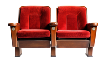 Red velvet theater seats with wooden armrests, perfect for vintage ambiance. These elegant chairs add touch of classic style to any space, inviting comfort and nostalgia png