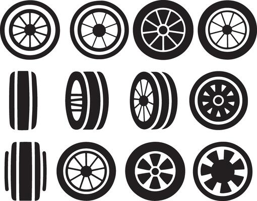 A set of different car wheels and tires