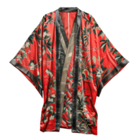 Elegant Red Floral Kimono Robe with Dark Trim and Bird Print png