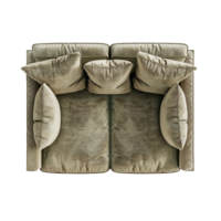 Top View of a Luxurious Olive Green Velvet Sofa with Multiple Pillows png