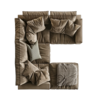 Top View of Modern Sectional Sofa with Plush Cushions and Throw Blanket png