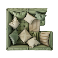 Top View of a Green Sectional Sofa with Numerous Pillows and Throws png