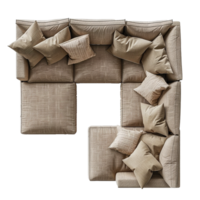 Beige Sectional Sofa with Multiple Pillows Top View png