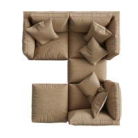 Top View of a Modern Sectional Sofa with Multiple Brown Throw Pillows png