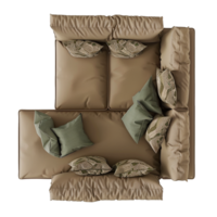 Top View of a Modern LShaped Sectional Sofa with Multiple Pillows in Taupe and Green png