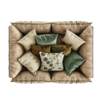 Top view of a beige sofa with multiple decorative pillows in various colors and patterns png