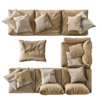 Top View of Beige Modular Sofa with Multiple Pillows and Cushions png