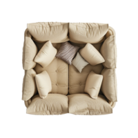 Beige Sofa with Multiple Pillows from Overhead View png
