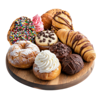 Assortment of pastries on a wooden board against a transparent background. Includes donuts, croissants, and cream filled pastries. Concept of bakery, sweets, and indulgence. png