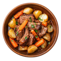 Overhead shot of pot roast with carrots and potatoes in a wooden bowl. Comfort food concept. png