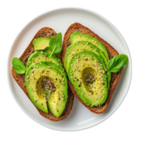 Avocado toast with sesame seeds and basil on a white plate. Healthy breakfast or snack concept. png