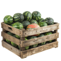 A rustic wooden crate overflowing with fresh watermelons for market png