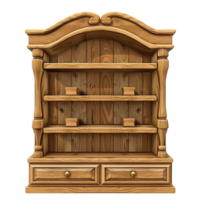 Rustic Wooden Bookcase with Three Shelves and Two Drawers png