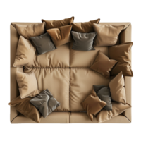 Top View of a Beige Modular Sofa with Numerous Brown and Gray Pillows png