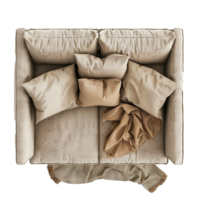 Top View of Beige Sofa with Throw Blanket and Cushions in a Modern Living Room Setting png