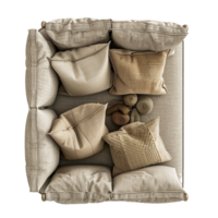 Overhead View of a Square Beige Sofa with Numerous NeutralToned Pillows and Decorative Objects png