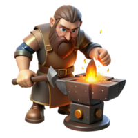 magnificent artistic A powerful, grizzled dwarf blacksmith hammering a glowing runic axe on an ancient anvil, sparks flying, illuminated by the fiery forge. Rembrandt lighting. Realistic style genuine png
