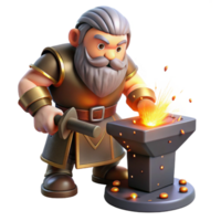 beautiful artistic A powerful, grizzled dwarf blacksmith hammering a glowing runic axe on an ancient anvil, sparks flying, illuminated by the fiery forge. Rembrandt lighting. Realistic style detailed png