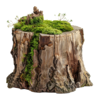 Ancient Tree Stump Planter with Lush Green Moss and Tiny Pine Saplings png