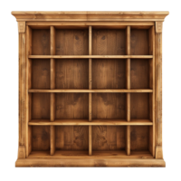 A Large, Empty, Wooden Bookcase with Intricate Carvings and Multiple Compartments png