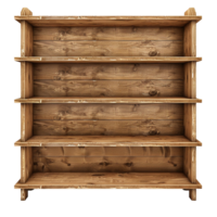 Rustic Wooden Shelving Unit with Four Empty Shelves Perfect for Display or Storage png
