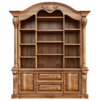 Elegant Wooden Bookcase with Intricate Carvings and Multiple Shelves png