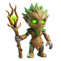 wonderful abstract A stoic tree ent with bark-like skin and glowing green eyes, holding a staff made of twisted branches, illuminated by dappled sunlight. Realistic style original png