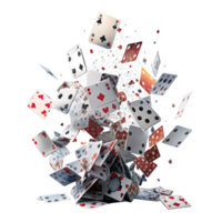 A chaotic explosion of playing cards flying through the air in a dynamic 3D render png