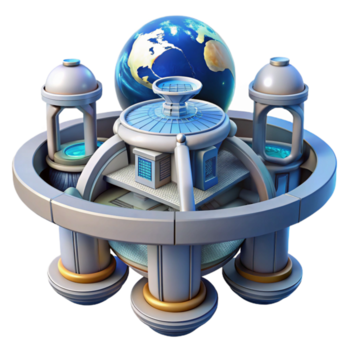 vibrant minimalist A futuristic space station with modular architecture, rotating sections, view of Earth from space high quality png