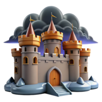 dramatic contemporary A medieval castle with fortified walls, a drawbridge, dramatic stormy sky high resolution png