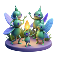 stunning classic A group of playful forest sprites dancing around a mystical firefly, twilight ambience, dreamlike art style high quality png