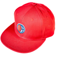A Vivid Red Snapback Cap with a Unique Circular Emblem png