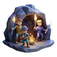 dramatic vintage A group of brave adventurers exploring a dark cave, torchlight, adventure art style high quality png