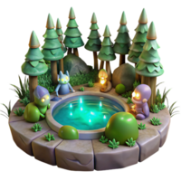 elegant modern A group of forest creatures gathered around a mystical pool, magical, glowing lighting, enchanted forest style authentic png