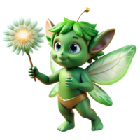 extraordinário minimalista uma pernicioso floresta sprite com esmeralda verde pele e borboleta asas segurando uma brilhando dente de leão semente, banhado dentro manchado luz solar. impressionista estilo Alto qualidade png