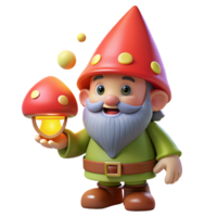 wonderful minimalist A whimsical gnome with a pointed red hat and a cheerful grin, holding a glowing mushroom, surrounded by fireflies. Cartoon style original png