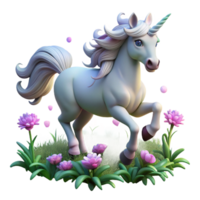 impressive creative A majestic unicorn with a silver horn and flowing white mane, galloping through a field of glowing flowers. Dreamlike style high resolution png