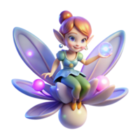 impressive modern A playful pixie with iridescent wings and sparkling eyes, perched on a glowing flower, surrounded by floating orbs of light. Fairy tale style premium png
