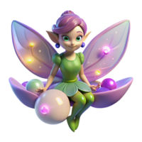 vibrant minimalist A playful pixie with iridescent wings and sparkling eyes, perched on a glowing flower, surrounded by floating orbs of light. Fairy tale style exclusive png