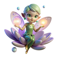 stunning vintage A playful pixie with iridescent wings and sparkling eyes, perched on a glowing flower, surrounded by floating orbs of light. Fairy tale style premium png