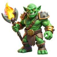 elegant abstract A fierce orc warrior with green skin and sharp tusks, wielding a heavy warhammer, illuminated by the glow of a nearby volcano. Savage fantasy style professional png