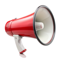 A vibrant red megaphone with a white handle and a large grey speaker isolated on a black background png
