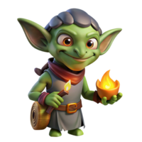 dramatic minimalist A cunning goblin with pointed ears and a mischievous grin, holding a stolen treasure, illuminated by the glow of a campfire. Trickster fantasy style detailed png