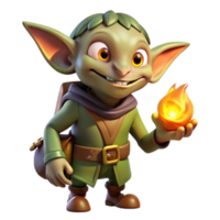 magnificent artistic A cunning goblin with pointed ears and a mischievous grin, holding a stolen treasure, illuminated by the glow of a campfire. Trickster fantasy style exclusive png
