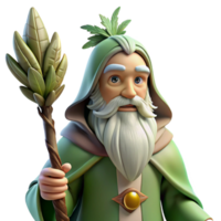 serene creative A wise old druid with a long white beard and a staff adorned with feathers, communing with nature, illuminated by the sunlight filtering through the trees. Nature fantasy style premium png