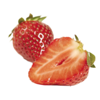 Closeup of a whole strawberry and a sliced strawberry showing juicy red flesh and green leaves png