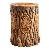 Intricately Carved Wooden Tree Stump Side Table with Floral Designs png