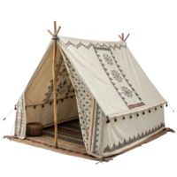 A charming bohemian style canvas tent with wooden poles and intricate block printed patterns png