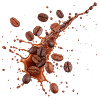 Coffee Beans Splashing and Flying in Air with Coffee Liquid png