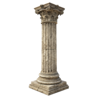 A weathered stone column with intricate Corinthian capital and square base isolated on black background png